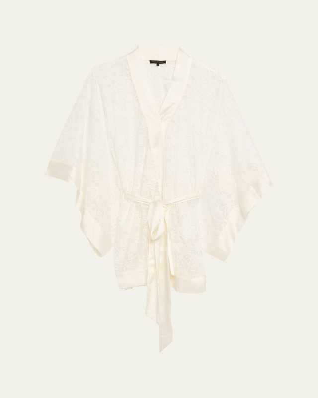 Coquette Charmeuse-Trim Floral Lace Mini Kimono